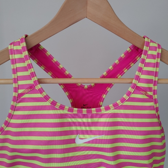 Nike Pro Stripe Sports Bra Medium Neon Pink Yellow - Picture 6 of 15